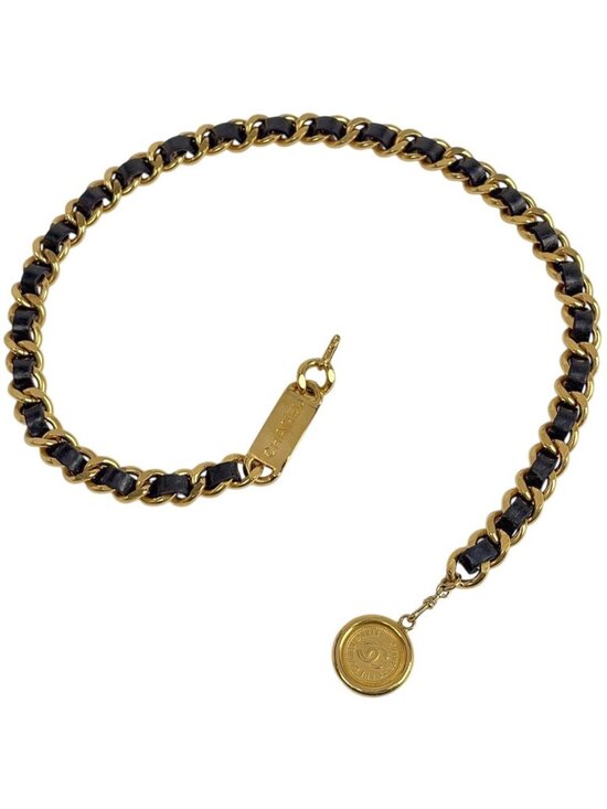 Chanel CC Logo Chain Belt Leather Gold Black main image 6